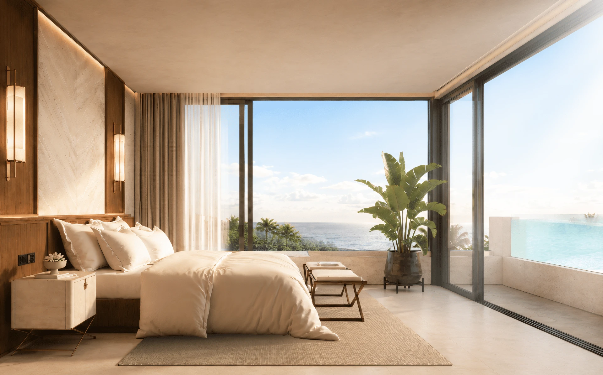 Master bedroom of the 2-Bedroom Duplex at ABOV AVANTI with floor-to-ceiling windows opening to a private pool and sea view