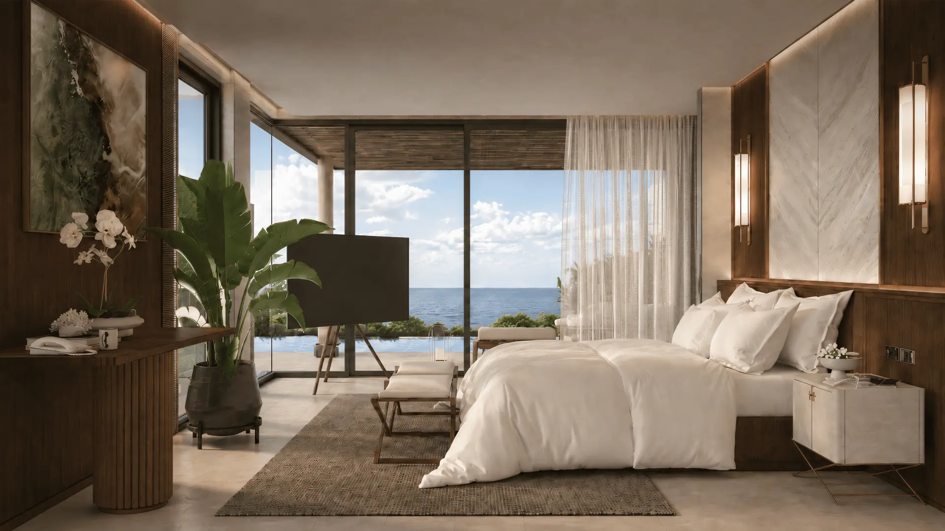 Master bedroom of the 1-Bedroom Villa at ABOV AVANTI with floor-to-ceiling windows opening to a private pool and sea view